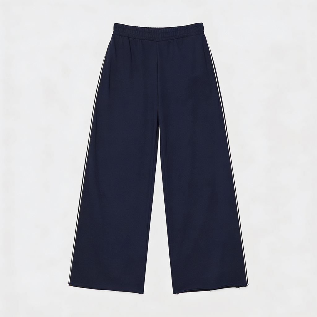 Vybe - Women Wide-leg Plush Trouser With Trim Detail - Navy Blue