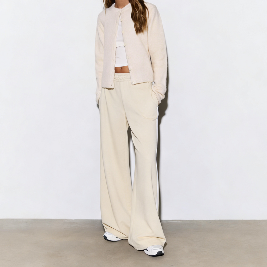 Vybe - Women Wide-leg Plush Trouser With Trim Detail - Oat Milk