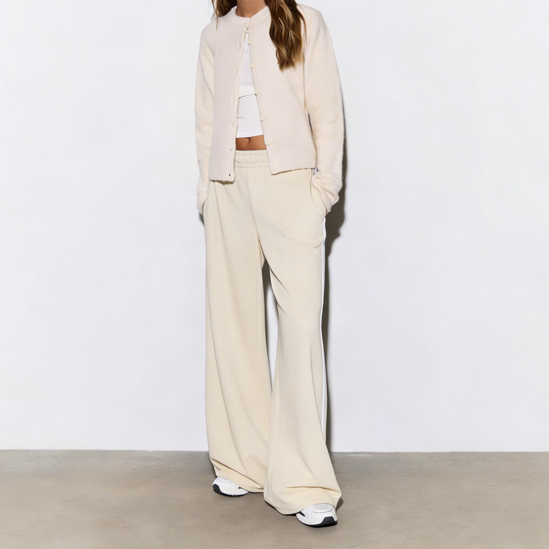Vybe - Women Wide-leg Plush Trouser With Trim Detail - Oat Milk