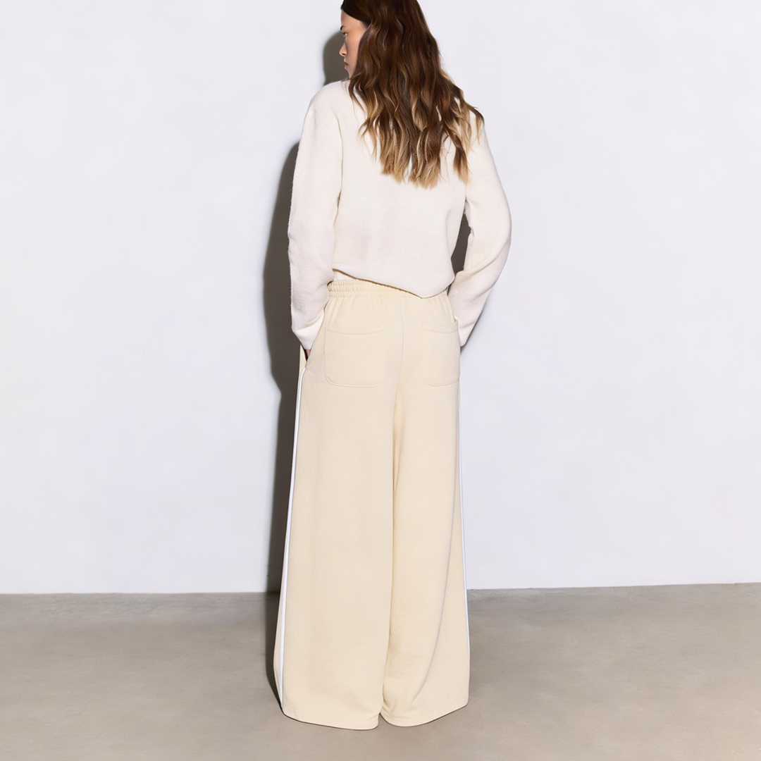 Vybe - Women Wide-leg Plush Trouser With Trim Detail - Oat Milk