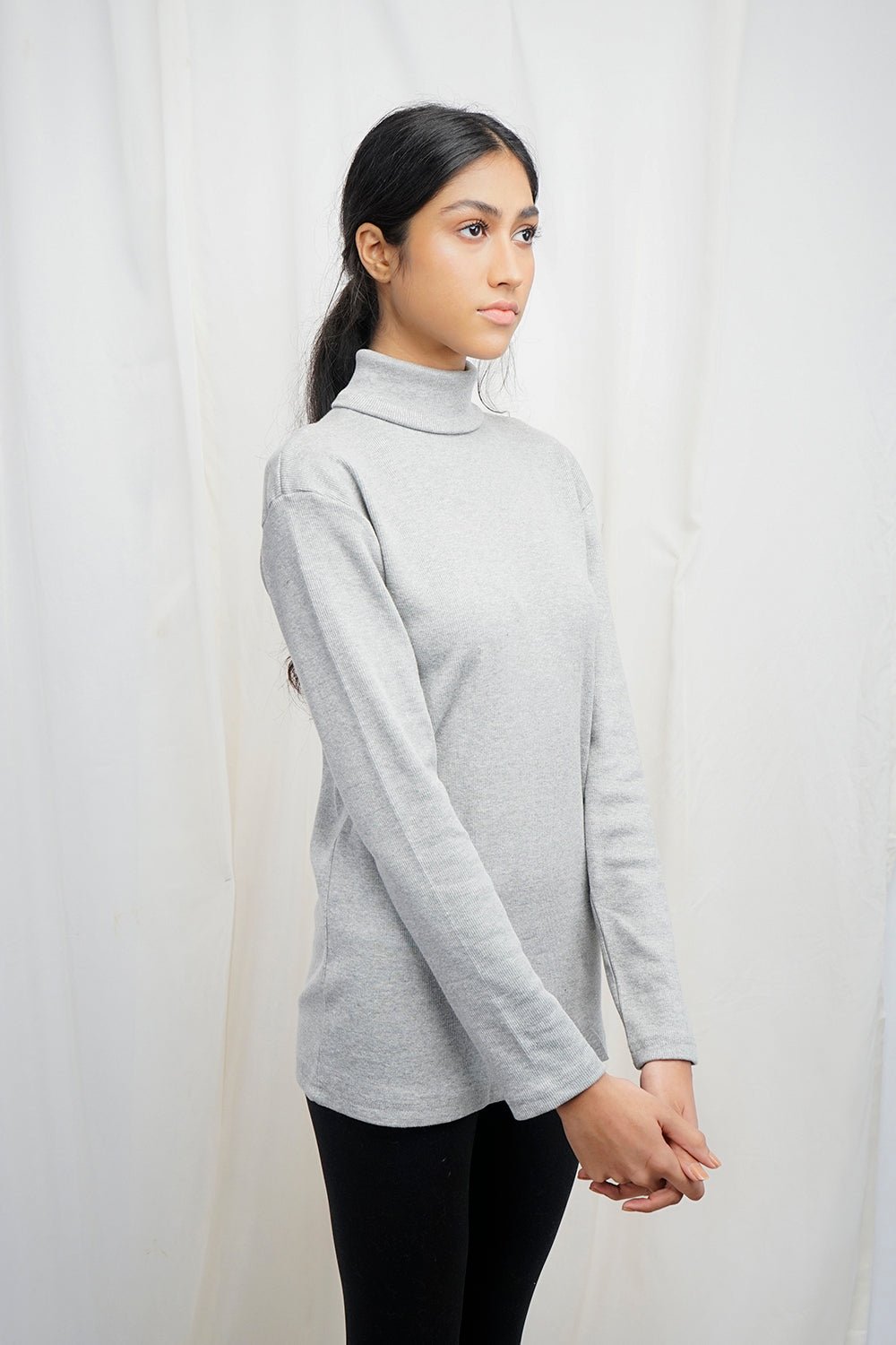 VYBE High Neck Slim Fit Basic Tee-Grey