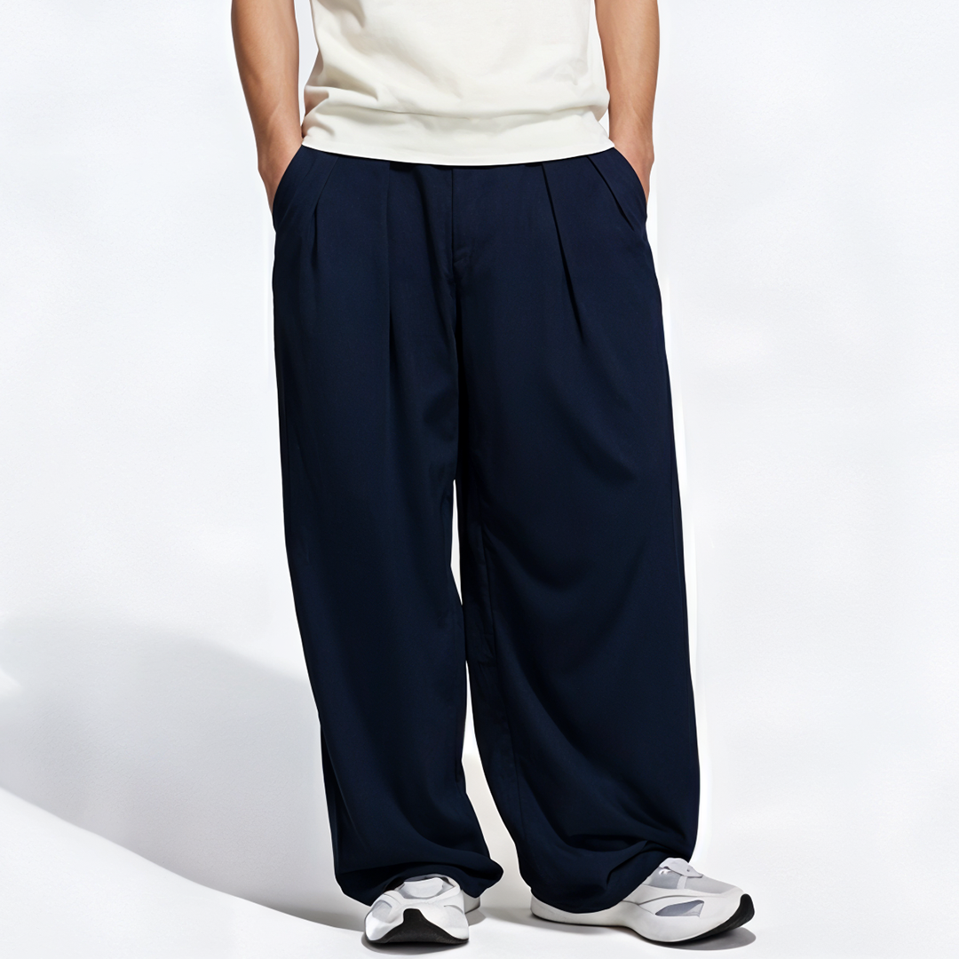 Vybe - Men Tiro 3-Stripes Wide-leg Pleated Pants - Navy Blue