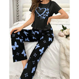 VYBE -  Black With Blue Butterflies Heart Printed PJ Suit