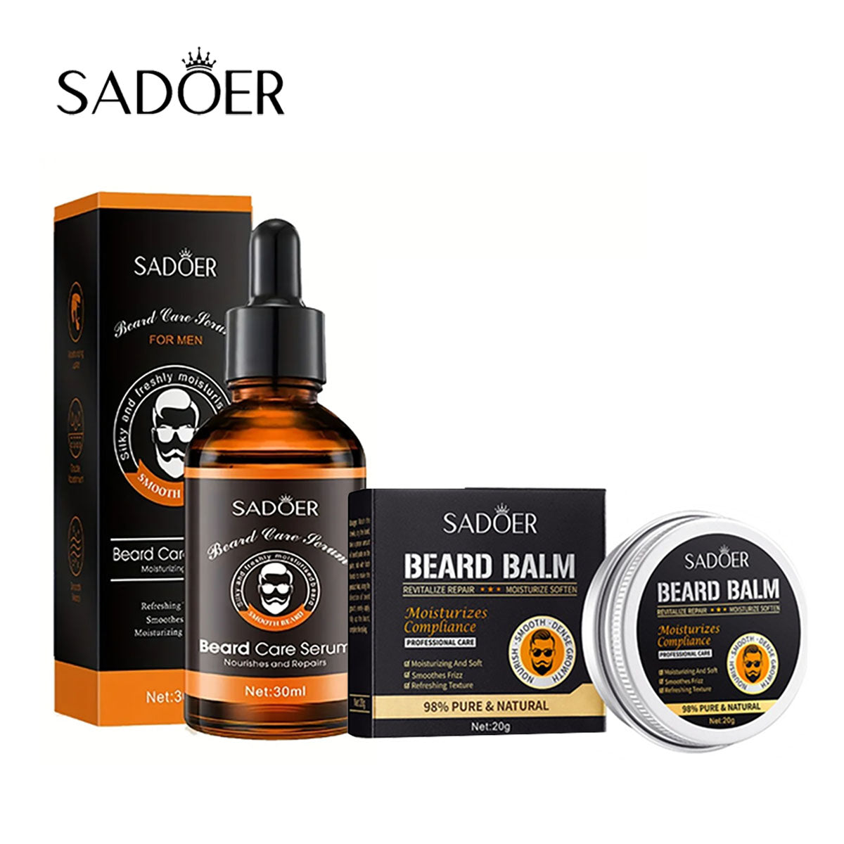 SADOER Natural Beard Growth Anti Hair Loss Pack Of 2 Beard Care Series Oil 30 ml & Balm 20gm