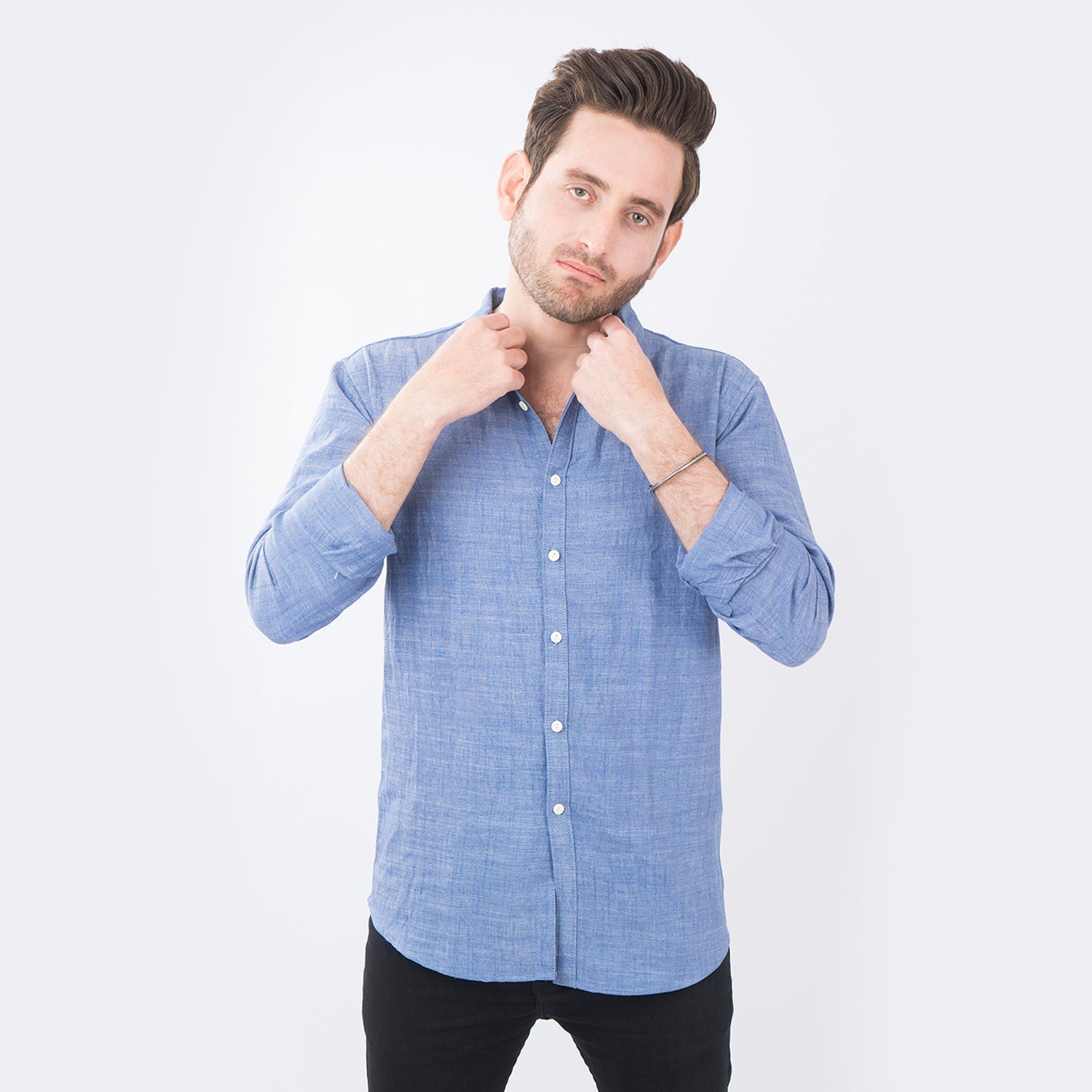 VYBE- Casual Solid Shirts- Denim Light Blue